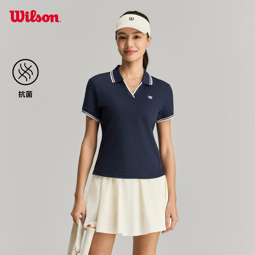 Wilson威尔胜26年夏季新款女士V领修身抗菌网球运动针织短袖POLO