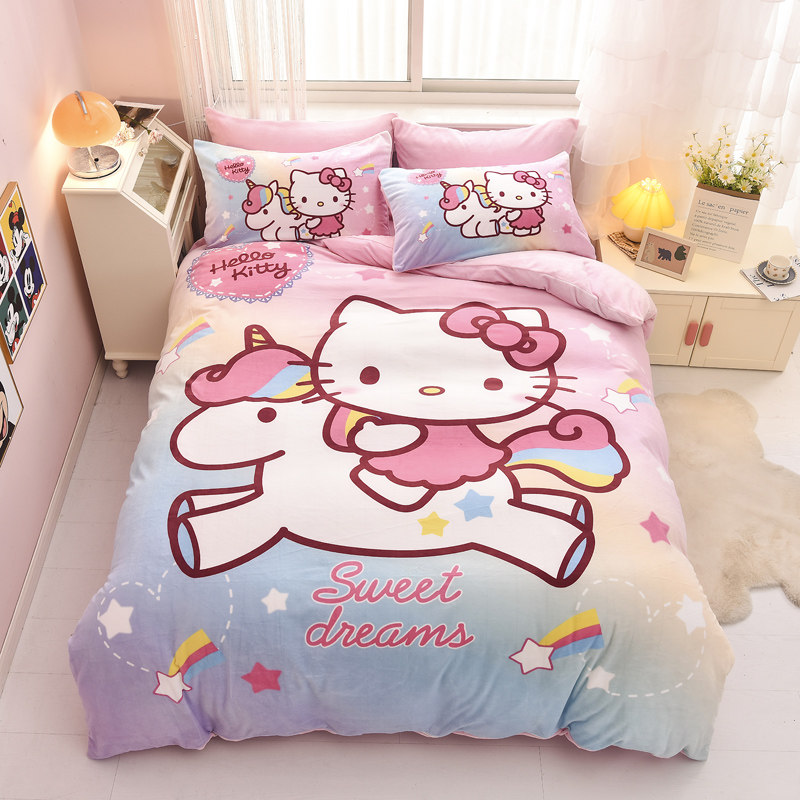 hellokitty凯蒂猫牛奶绒被套冬季双面儿童kt猫被罩卡通加绒四件套