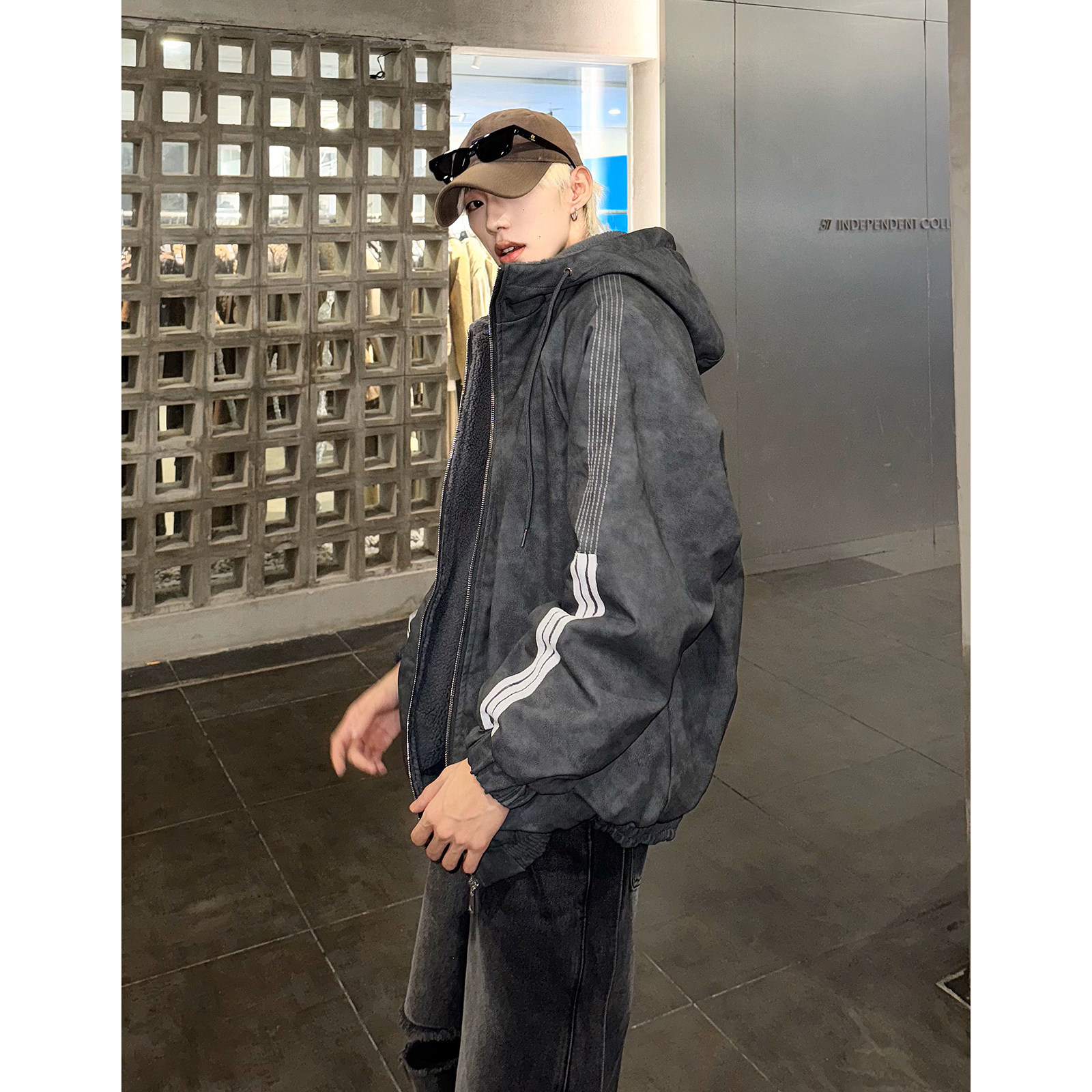 美式复古连帽皮衣羊羔绒棉服男冬三杠棉衣设计感夹棉外套M02/P118,男装皮衣,星座206（原A221）