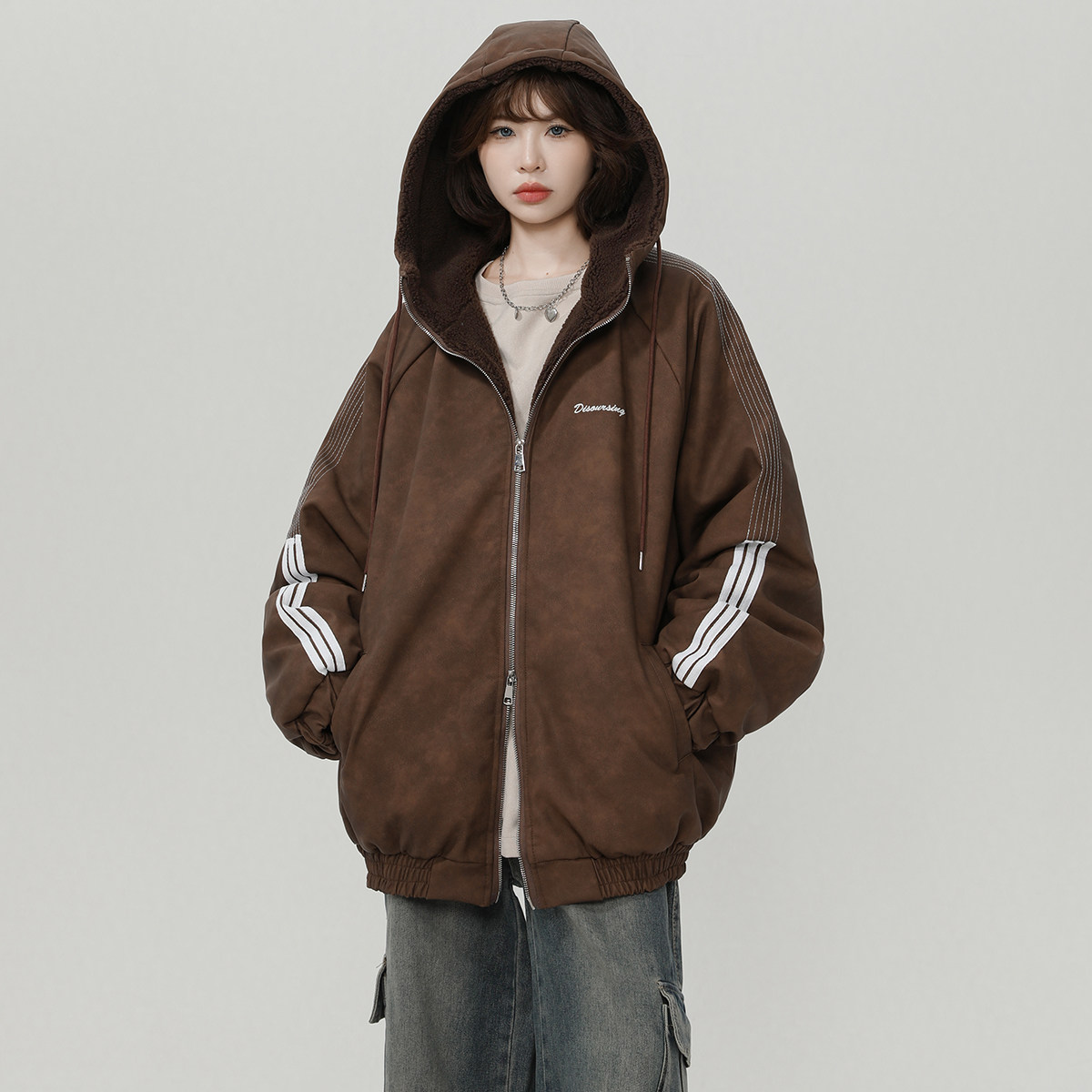 美式复古连帽皮衣羊羔绒棉服男冬三杠棉衣设计感夹棉外套M02/P118,男装夹克,星座206（原A221）