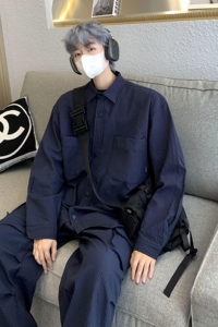 痞帅长袖套装衬衫宽松长袖衬衫长裤休闲套装上衣套装情侣TZ08/P85图片