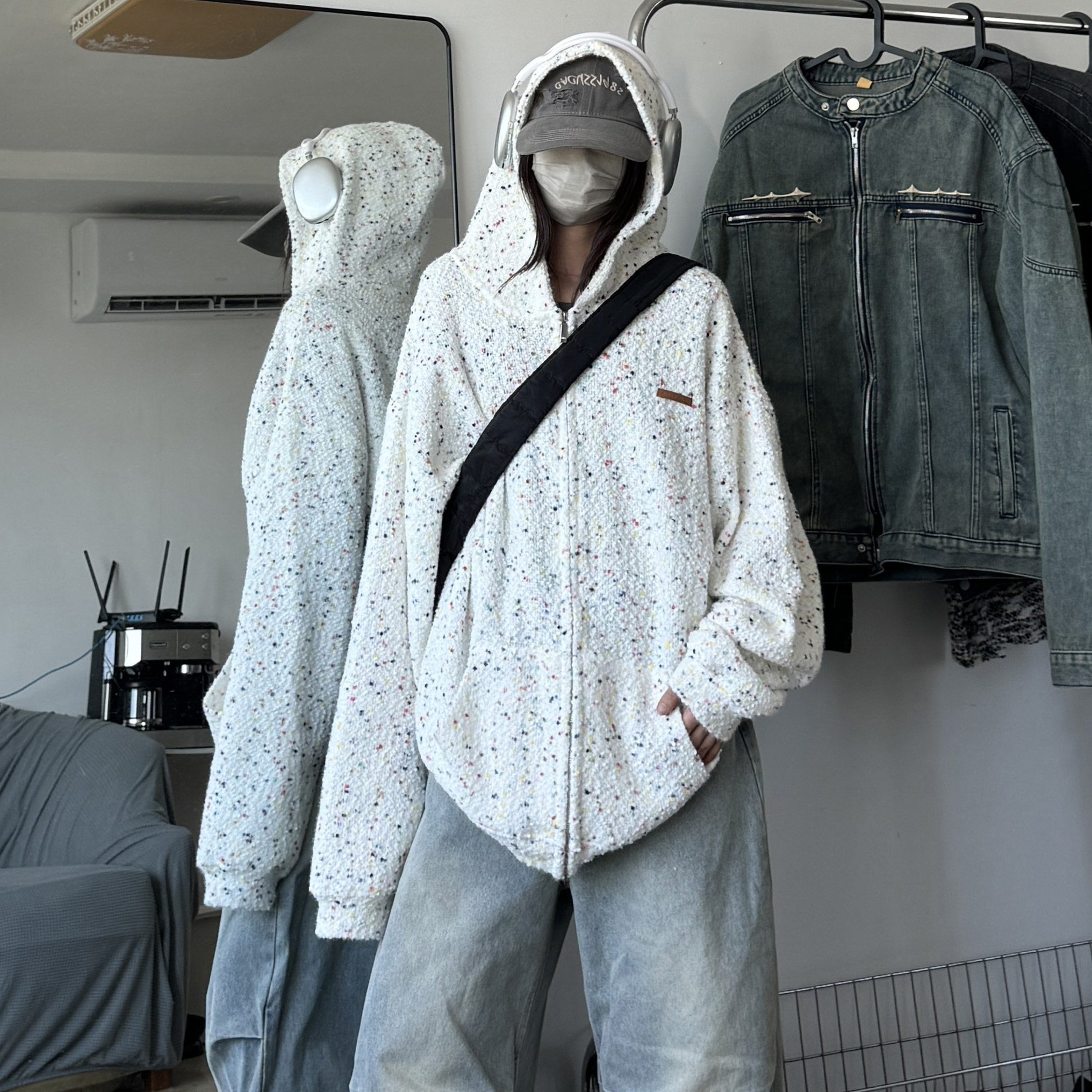 潮牌情侣美式冰淇淋彩点重磅连帽卫衣宽松拉链开衫外套W11/P70，女装短外套，星座206（原A221）