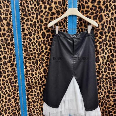 DO早春不规则网纱拼接设计感A字西装半裙黑色高腰过膝半身裙插兜