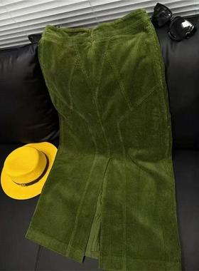 DO复古绿色高腰显瘦灯芯绒半身裙女A字包臀裙时髦设计拼接直筒裙