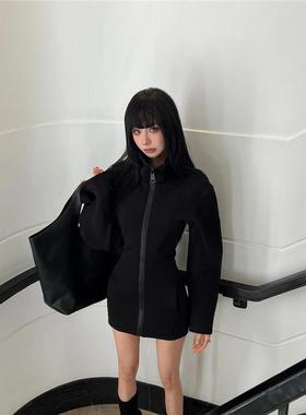 DO辣妹穿搭美式街头风摩登拉链黑色连衣裙女2025收腰显瘦包臀短裙