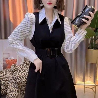 MD法式西装长袖衬衫两件套连衣裙新款春气质显瘦马甲裙工装套装