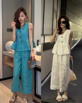 26新款欧货高品质亚麻套装女时尚百搭显瘦V领马甲阔腿裤两件套