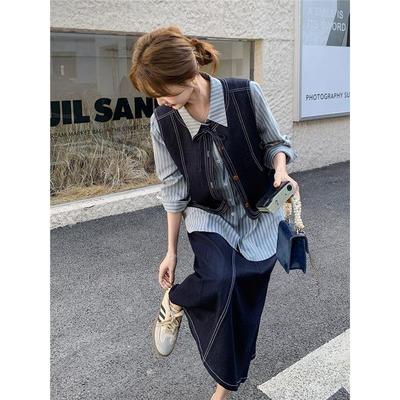 MD甜辣穿搭牛仔马甲套装裙女2025春季新款条纹衬衫半身裙三件套