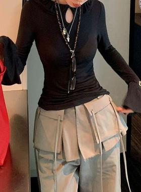 DO25黑色性感辣妹修身长袖打底衫t恤女秋冬港味气质垫肩显瘦上衣