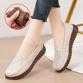 休闲舒适厚底妈妈鞋 真皮软底平底单鞋 子 女春秋款 防滑牛筋底豆豆鞋