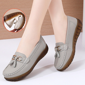 超软舒适厚底豆豆鞋 真皮软底牛筋底一脚蹬中老年妈妈鞋 女秋季 新款