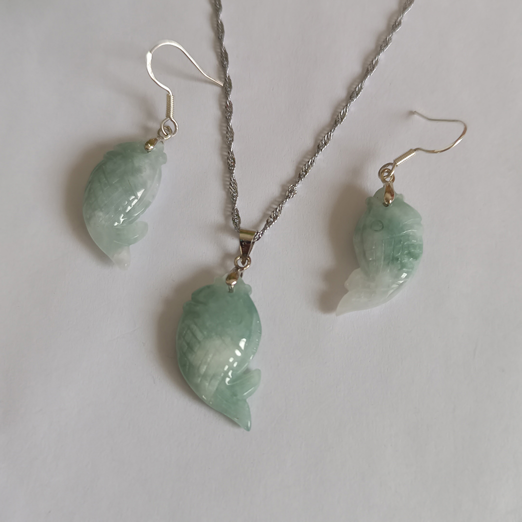 新款上新正品天然缅甸翡翠飘花金鱼耳坠耳环吊坠精致套装百搭款