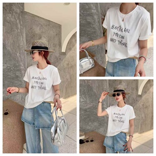 衫 女装 T恤欧洲站休闲百搭宽松女上衣圆领半袖 字母绣花短袖 新款
