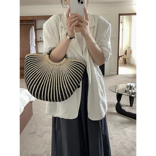 ins博主度假沙滩编织包夏韩版chic简约休闲镂空手提草编包大容量