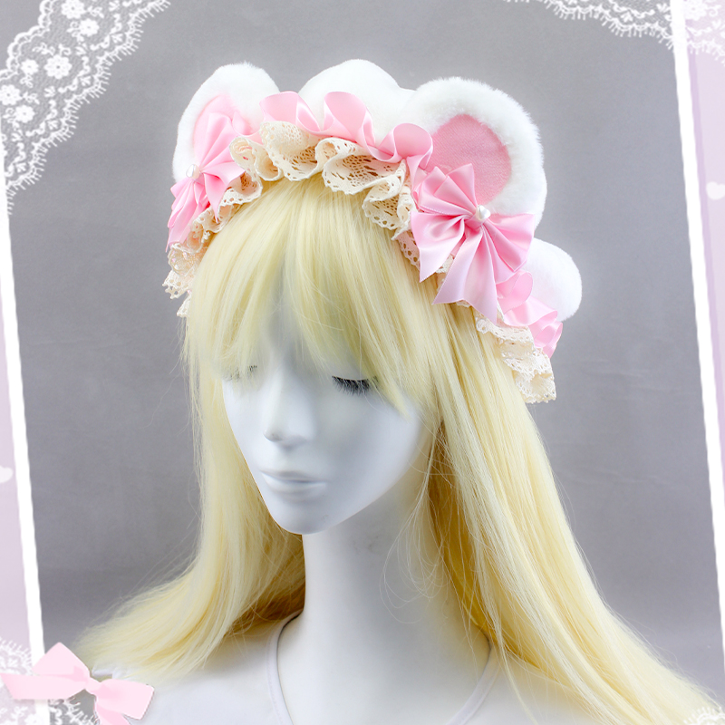 萌熊出击洛丽塔帽子甜美可爱粉色花朵蕾丝手作BNT配饰女