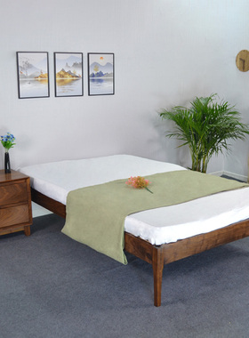 悬空床架 矮床 无床头 橡木黑胡桃木双人床 实木家具设计定制