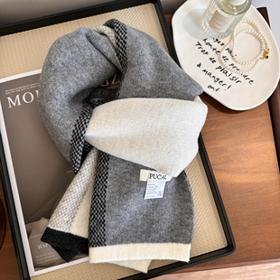 简约日系男女羊毛混纺针织围巾!秋冬双面双色墨绿色加厚围脖送礼