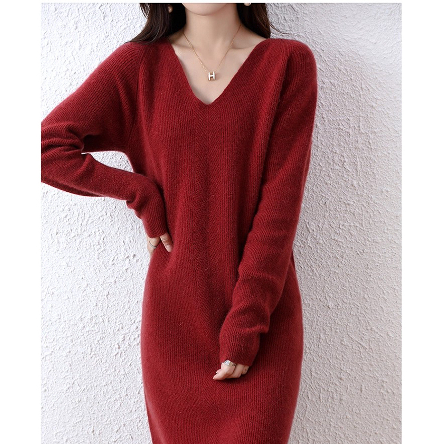 秋冬毛衫女中长款连衣裙宽松显瘦V领套头包臀毛衣裙针织打底长裙