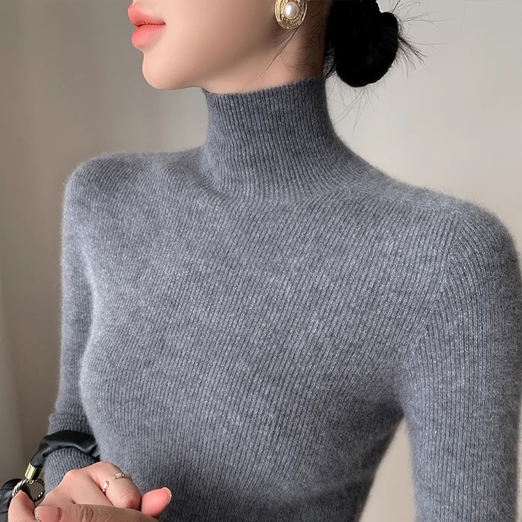 一线成衣羊毛衫女高领毛衣秋冬修身高级感灰色立领紧身针织打底衫
