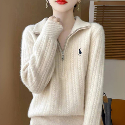 翻领半拉链羊绒针织衫女宽松显瘦毛衣纯色麻花百搭羊毛打底衫上衣