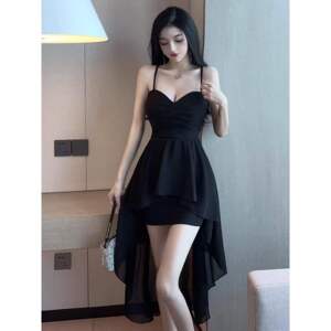 【性感只为取悦自己】夜店女性感抹胸前短后长雪纺燕尾礼服连衣裙