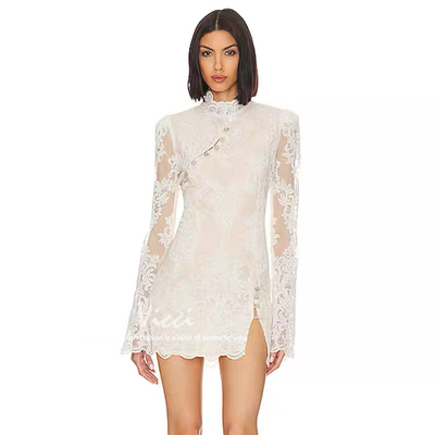 新中式钻扣开叉蕾丝连衣裙高级感法式小众千金公主裙生日礼服裙秋