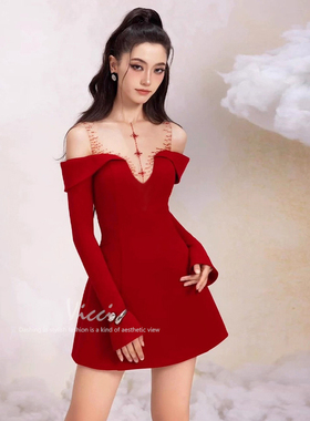 红色千金风性感时尚复古透视网纱拼接露肩连衣裙生日宴会礼服裙秋