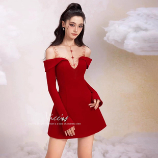 红色千金风性感时尚复古透视网纱拼接露肩连衣裙生日宴会礼服裙秋
