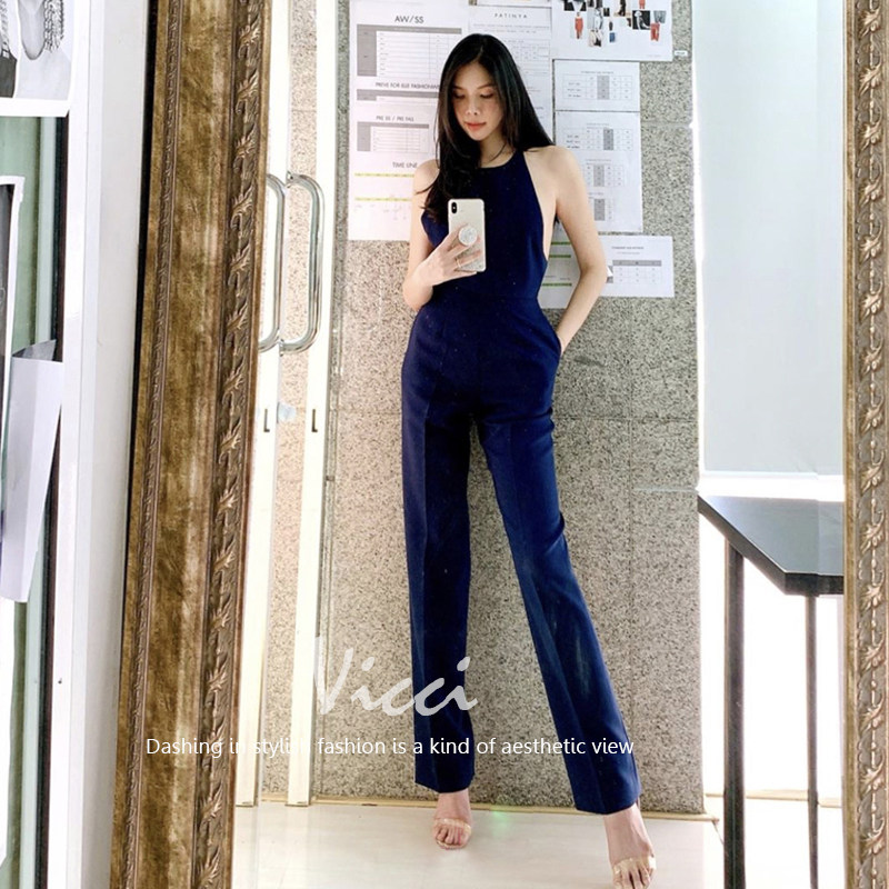 2024新款性感挂脖无袖背心休闲直筒高腰连体裤气质女神范夏季长裤