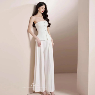 干练气质一字肩抹胸马甲背心修身 裤 休闲阔腿裤 女 上衣捏褶高腰西装