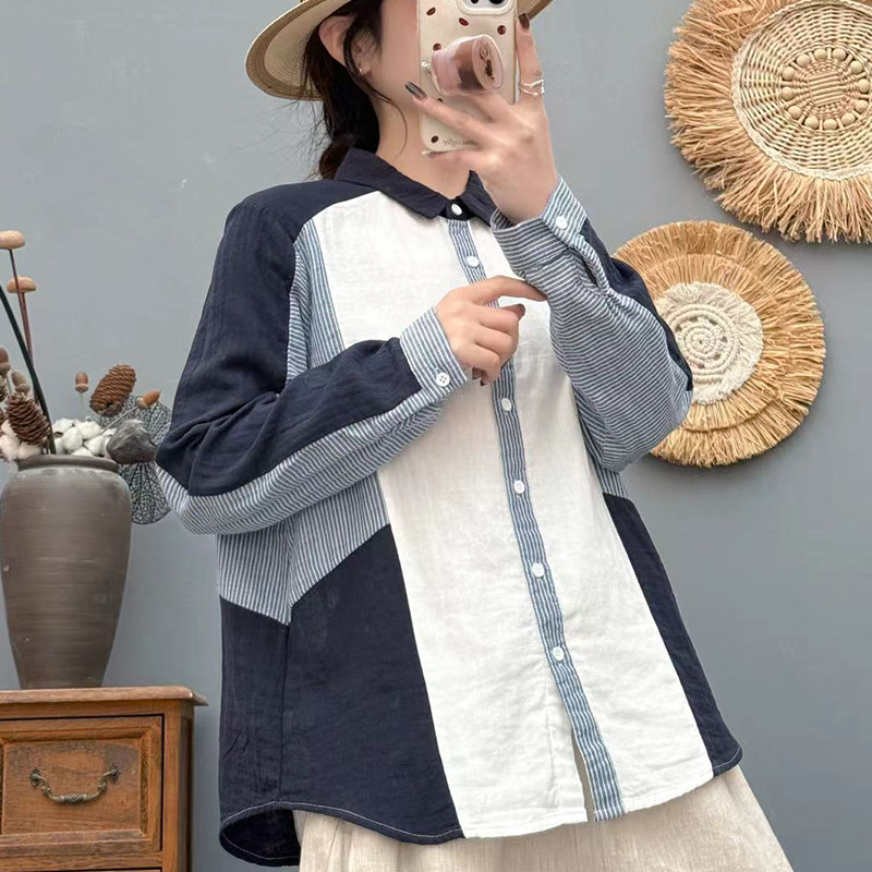 纯棉2025春秋新款衬衣时尚百搭衬衫减龄上衣拼色开衫女装衬衣8613