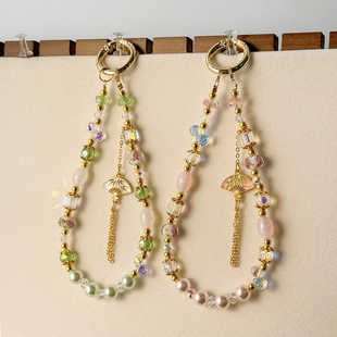 中国风合金扇子手机壳挂件手工串珠琉璃花钥匙链包包挂饰汉服装饰