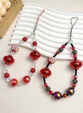 新年氛围感大红色灯笼手机链挂绳小礼物中国风发财手绘珠包包挂件