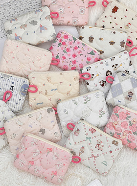 卡通绗缝夹棉化妆包小物件收纳袋手拿包零钱包收纳袋迷你