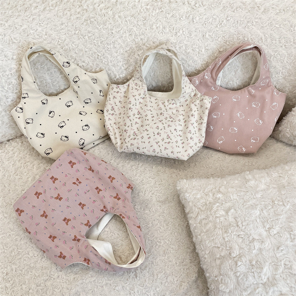 灯芯绒卡通印花手提袋通勤上班族午餐手拎包饭盒包收纳包