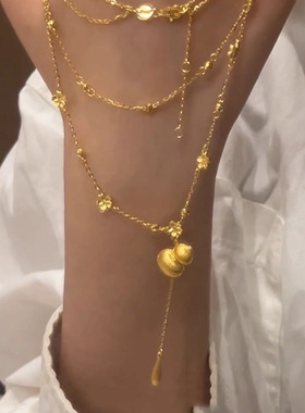 小红书爆款复古碎金丝绒实心福禄双层金珠锁骨链项链配饰一件代发