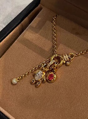 可爱抱抱熊金色复古红钻小熊吊坠项链锁骨链一件代发圣诞小熊项链