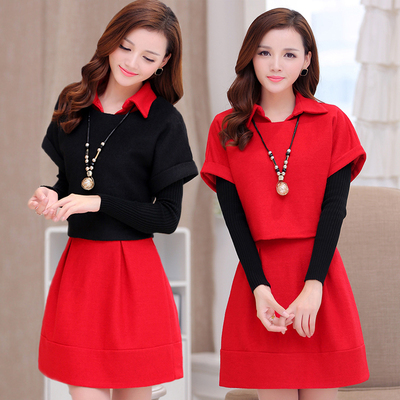 秋冬装呢子两件套针织时尚套装