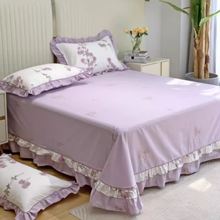 床单单件纯棉100全棉高级感新款四季高级紫色加厚枕套花边大被单