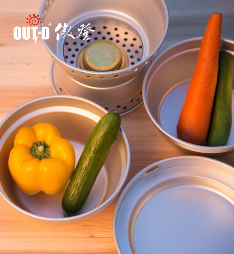 OUT-D傲登户外铝制套锅野餐炊具套装便携式酒精炉野营锅煮食7件套