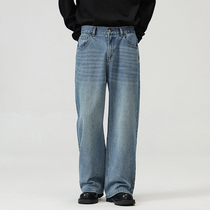 美式高街半松紧腰牛仔裤男宽松直筒阔腿垂感水洗复古潮流百搭长裤