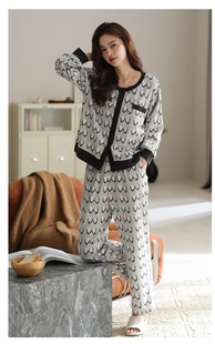 乌拉拉公主睡衣女装秋冬长袖纯棉圆领对襟时尚可外穿家居服套装