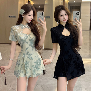 足浴桑拿技师改良旗袍国风修身显瘦短款女主播上镜连衣裙夏季套装