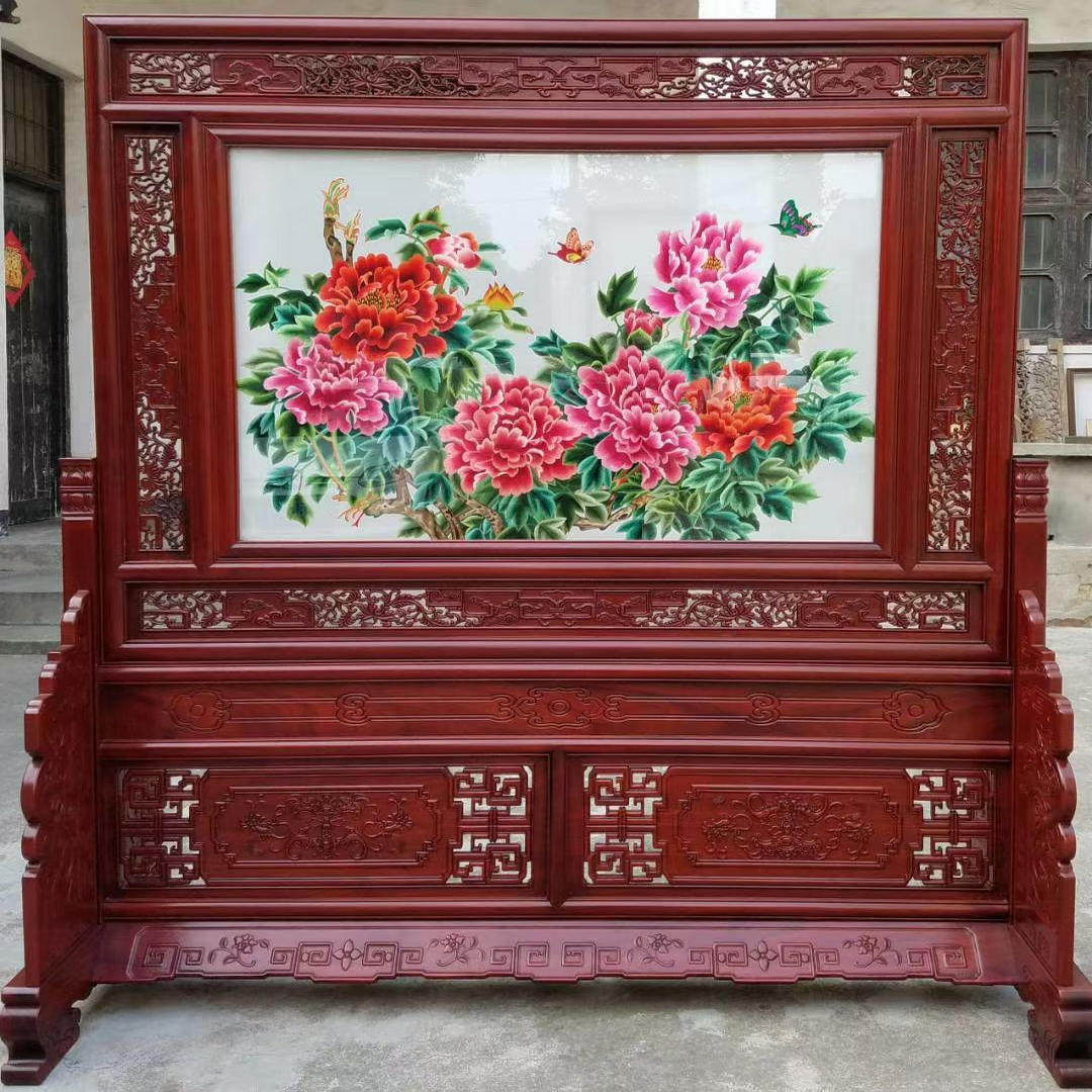 双面绣入户玄关红花梨雕花屏风摆件牡丹花刺绣古典装饰工艺品收藏
