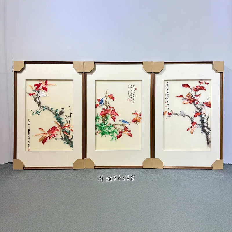 苏州刺绣手工客厅书房过道装饰画成品三联组合画鸟语花香精品蚕丝图片