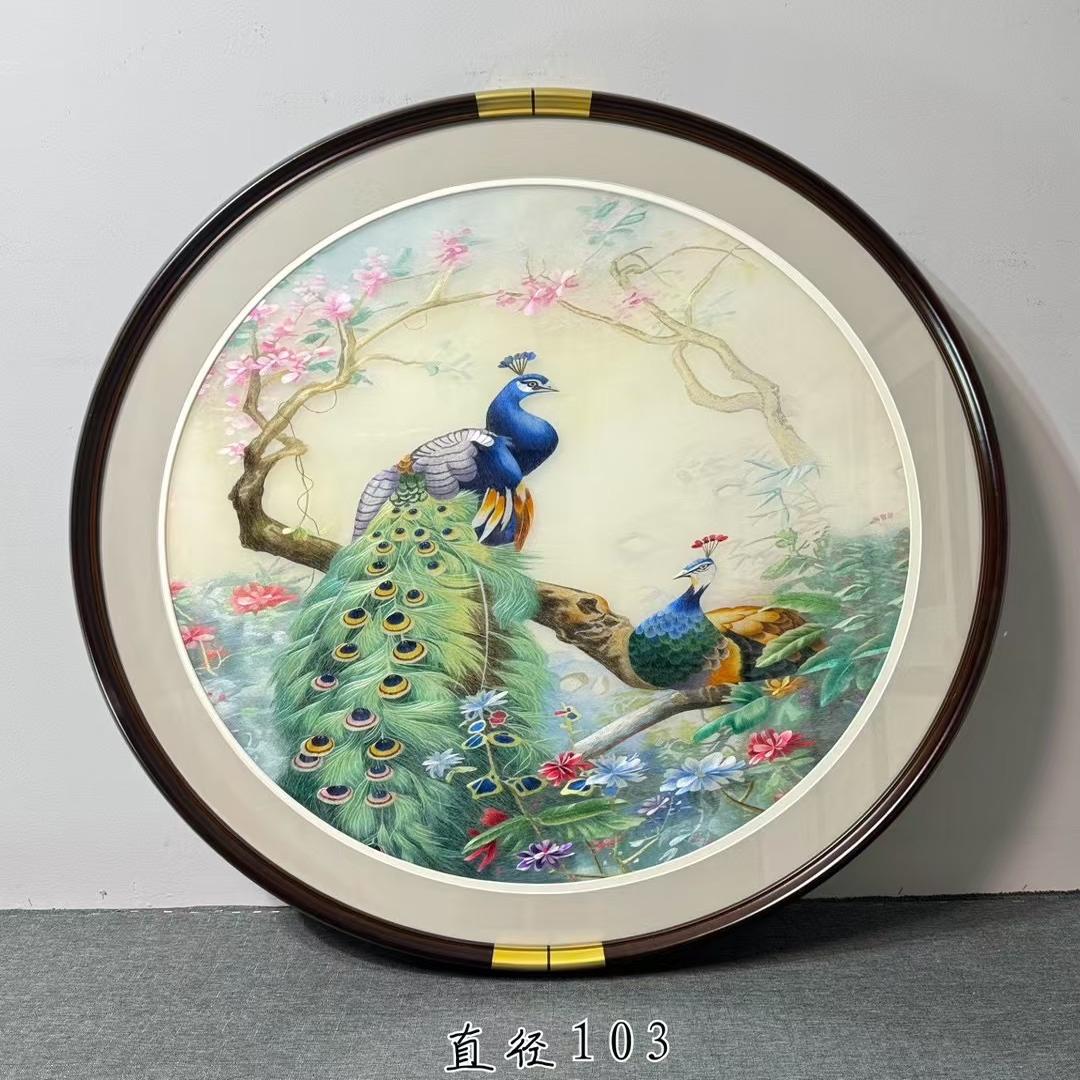 100圆形手工苏绣孔雀牡丹刺绣画玄关背景墙带框装饰画成品挂画图片