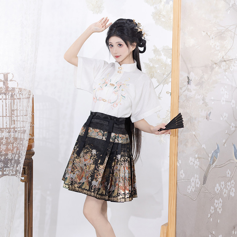 王洪旗原创新中式汉服女马面裙上衣短款袖立领套装红色汉元素国风