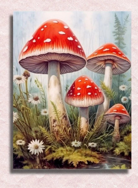 红伞蘑菇数字油画diy填色手绘客厅高级装饰画打发时间减压神器