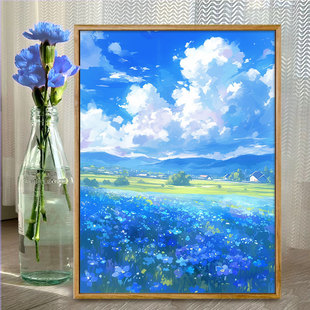 宫崎骏风蓝色花海数字油画diy填色画手工手绘丙烯油彩画