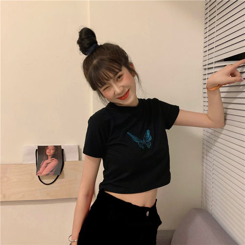 Embroidered summer new high waist exposed navel short butterfly short sleeve T-shirt women's versatile slim and sexy fashion